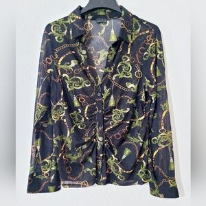 Womans Black Sheer Shirt with Green and Gold Chain Print Size XL button Front